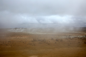 Hverir / Iceland - August 30, 2017: Hverir geothermal and sulfur area near Namafjall mountain, Myvatn Lake area, Iceland, Europe