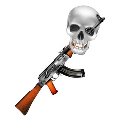 The skull is a bone on the machine, cartridges are inserted instead of fangs. Isolated object on a white background.
