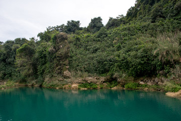 Fototapeta na wymiar laguna de agua color turquesa rodeado de árboles en la selva en México en la Huasteca Potosina en San Luis Potosí