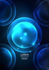 Glowing neon shiny transparent bubbles, glass circles or bio cell concept. Techno futuristic vector abstract background For Wallpaper, Banner, Background, Card, Book Illustration, landing page