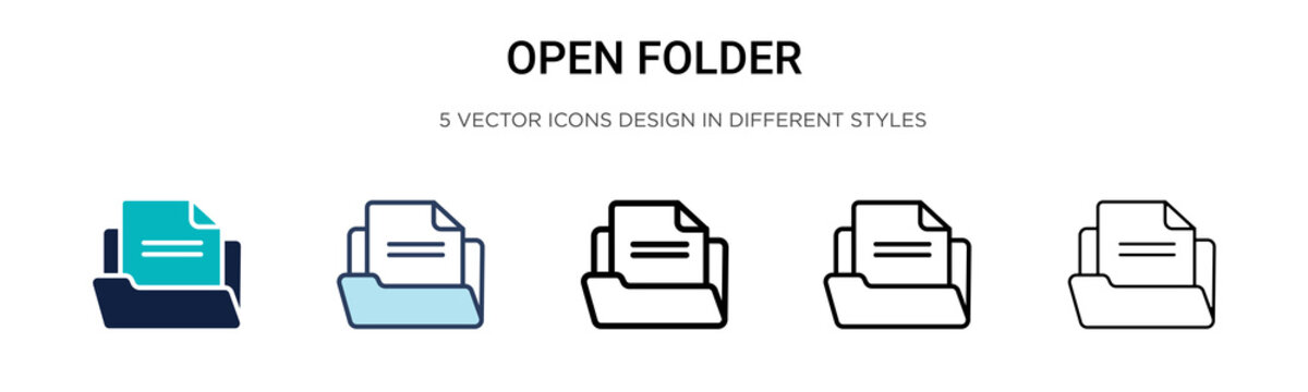 Open folder icon in filled, thin line, outline and stroke style. Vector illustration of two colored and black open folder vector icons designs can be used for mobile, ui, web