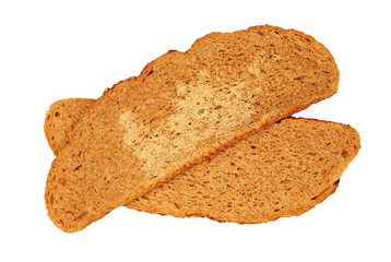 Poverty concept. Dry moldy piece of rye dark bread isolated on white background.