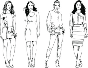 vector drawings on the theme of beautiful slim sporty girl in casual clothes in various poses painted ink hand sketch with no background