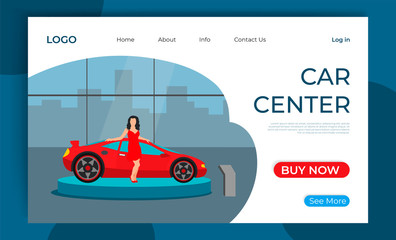 Design landing page for car center showroom. Young woman buy new red sport car. Modern flat concept mobile website page for rent auto. Vector illustration for sale poster, banner, flyer template