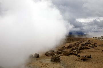 Hverir / Iceland - August 30, 2017: Hverir fumarole area near Namafjall mountain, Myvatn Lake area, Iceland, Europe