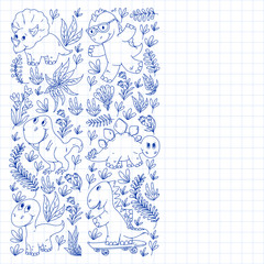 Pattern kids fabric, textile, nursery wallpaper. Vector illustration. Hand drawn dinosaurs, dino for little children.