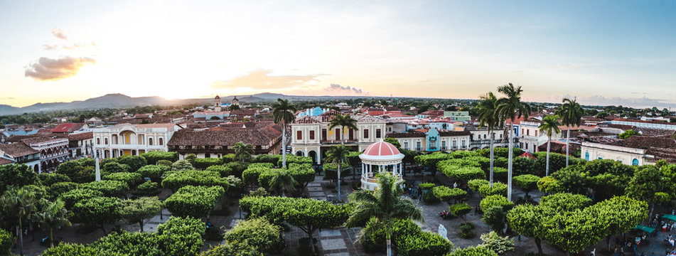 Panoramic view over the colonial architecture and main square of Parque Central de Granada, Nicaragua
