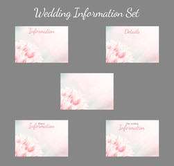 Wedding Information card set, pink tulips, vertical. Greeting, invite card, elegant clear design template, light blue blur background.