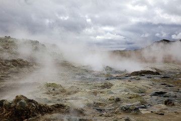 Hverir / Iceland - August 30, 2017: Hverir geothermal and sulfur area near Namafjall mountain, Myvatn Lake area, Iceland, Europe