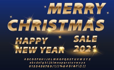 Golden stylish alphabet with numbers, letters and signs for brochure design. Happy New Year Banner with 2021 numbers on Bright Background. Vector alphabet