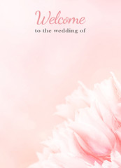 Wedding Program card, pink tulips, standart size. Greeting or invite Details card, elegant clear design template, light blur background.