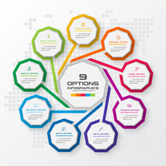 Nonagon infographic,Colorful template with 9 options,Vector illustration.