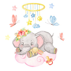 Baby girl elephant watercolor illustration, pacifier, butterflies, wreath