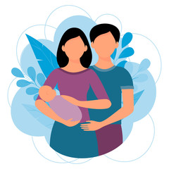 Parents with a baby. Woman holding newborn baby. Cute vector illustration in cartoon style.
