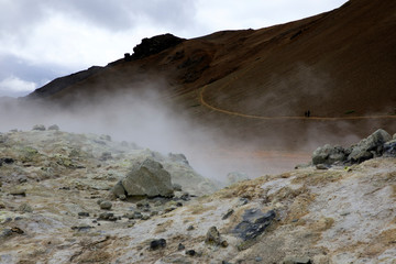 Hverir / Iceland - August 30, 2017: Hverir geothermal and sulfur area near Namafjall mountain, Myvatn Lake area, Iceland, Europe