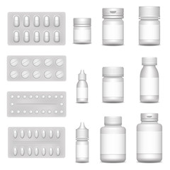 3d blank template medical packaging for pill and liquid medication: spray bottles, container for drug, medicine jar with cap. Set of white blisters realistic icons with pills and capsules.