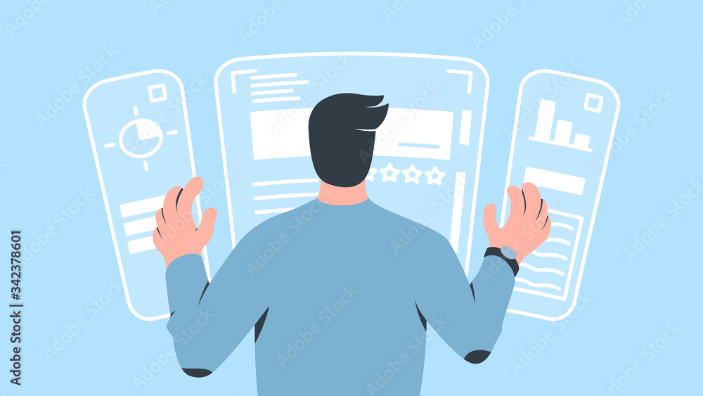 Wall mural vector concept illustration of a character operating augmented reality computer interface with his h