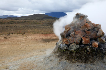 Hverir / Iceland - August 30, 2017: Hverir fumarole area near Namafjall mountain, Myvatn Lake area, Iceland, Europe