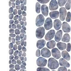 Watercolor gray cobblestone pavement on white background. Vertical border. Isolated on white background. Hand-painted stone texture. Watercolor stock illustration. Design for decor, tape, frame,fabric
