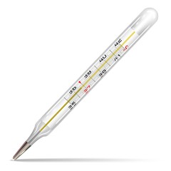 Glass mercury thermometer. An old-style device for measuring the temperature of the human body. Isolated on a white background. Realistic vector illustration.