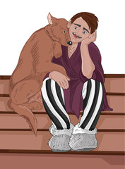 Senior man in clown pants cuddling with a dog on stairs