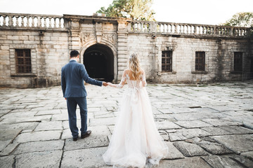 Obraz premium Wedding couple holding hands, groom and bride together on wedding day
