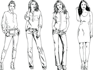 Fototapeta na wymiar beautiful slim girl in casual clothes, drawn in ink by hand on a white background