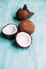 Coconuts on a turquoise background close-up
