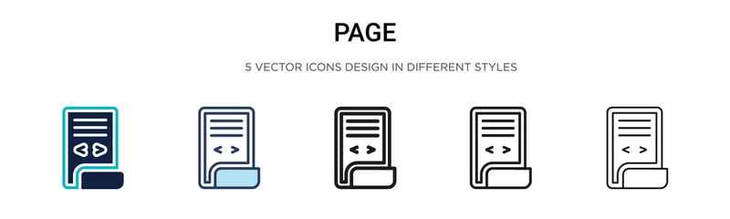 Page icon in filled, thin line, outline and stroke style. Vector illustration of two colored and black page vector icons designs can be used for mobile, ui, web