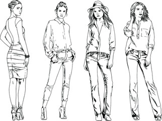 beautiful slim girl in casual clothes, drawn in ink by hand on a white background