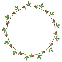 Round frame with horizontal red rose buds on white background. Vector image.