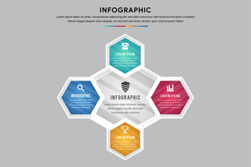 Vector illustration infographic template with 3D hexagon paper label, business for presentation. Creative concept for infographic, diagram, flowchart, workflow layout, content, steps, chart.