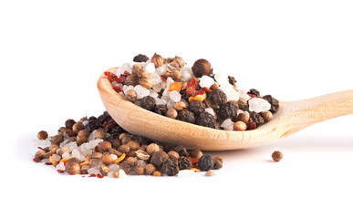 Spoon with Different Spices, Colorful Peppers, Sea Salt Isolated On White Background