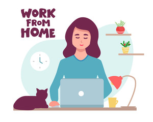 Work at home during an outbreak of the COVID-19 virus. People work at home to prevent a viral infection. Girl works on laptop at home. Quarantine to prevent coronavirus infection.
