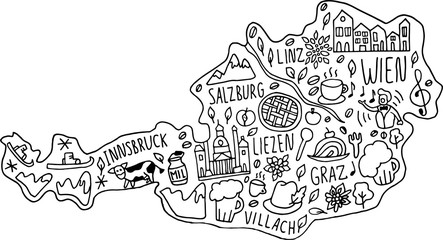 Funny hand drawn doodle map of Austria. names of main cities, main attractions and landmarks, and geographical names on the map.
