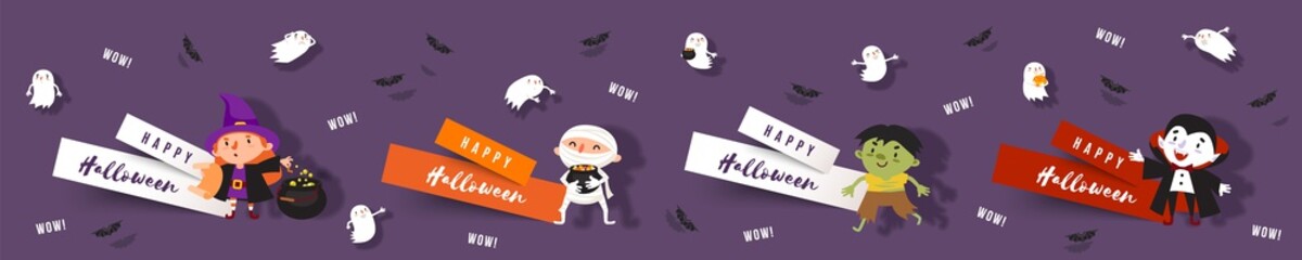 Hello Halloween, set paper cut banners with cute witch, vampire, ghost, zombie, mummy, bats. Isolated vector clip art with Halloween characters for festive design