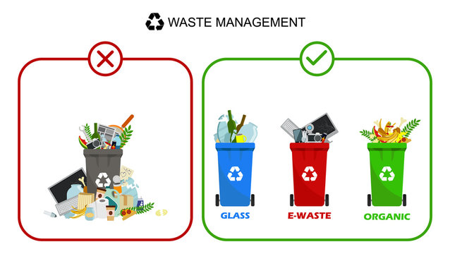 Containers for all types of garbage. Garbage removal. Recycling garbage. Trash can: paper, metal, organics, plastic, batteries, electronic waste, glass, mix. Sorting and recycling infographics