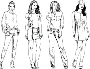 beautiful slim girl in casual clothes, drawn in ink by hand on a white background