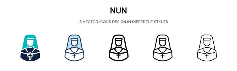 Nun icon in filled, thin line, outline and stroke style. Vector illustration of two colored and black nun vector icons designs can be used for mobile, ui, web