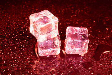 ice cubes on a reflections red light.