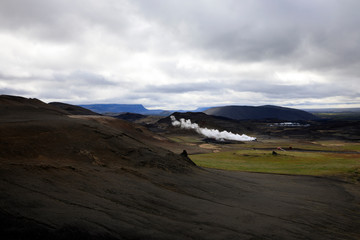Hverir / Iceland - August 30, 2017: Hverir geothermal and sulfur area near Namafjall mountain, Myvatn Lake area, Iceland, Europe