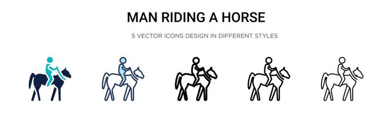 Man riding a horse icon in filled, thin line, outline and stroke style. Vector illustration of two colored and black man riding a horse vector icons designs can be used for mobile, ui, web