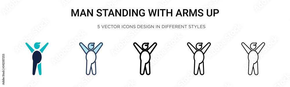 Poster man standing with arms up icon in filled, thin line, outline and stroke style. vector illustration o