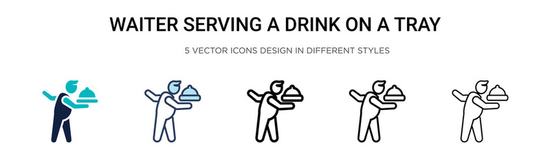 Waiter serving a drink on a tray icon in filled, thin line, outline and stroke style. Vector illustration of two colored and black waiter serving a drink on a tray vector icons designs can be used