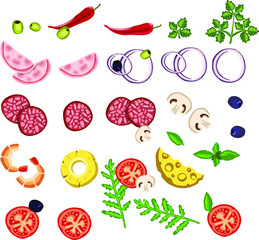 Set of various pizza ingredients. sausage, meat, seafood, fresh vegetables, mushrooms, cheese, greens, onions, pineapples, olives