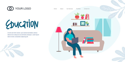 Landing Page. Girl studying with laptop and books. during coronavirus outbreak concept. Back to school, online education concept vector illustration in flat style. Self-isolation.