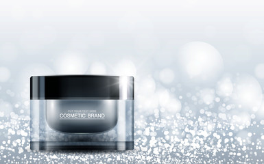 cosmetic product poster, bottle package design with moisturizer cream or liquid, sparkling background with glitter polka, vector design.