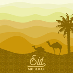 happy eid mubarak with camel in desert and palm tree vector background