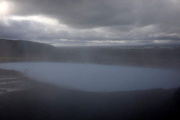 Myvatn / Iceland - August 30, 2017: The Myvatn nature baths near Myvatn lake at Hverir geothermal area, Myvatn Lake area, Iceland, Europe