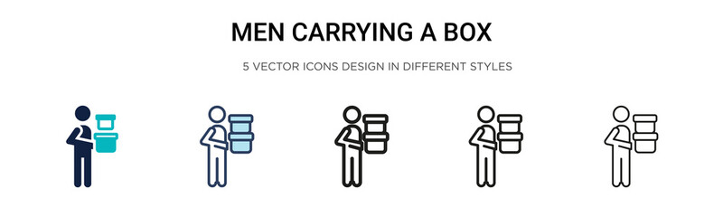 Men carrying a box icon in filled, thin line, outline and stroke style. Vector illustration of two colored and black men carrying a box vector icons designs can be used for mobile, ui, web